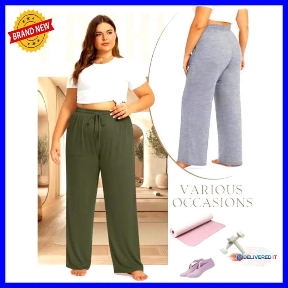 Plus Size Wide Leg Pants 3-Pack Stretchy Drawstring Waist with Pockets - Picture 6 of 7
